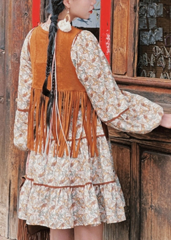 Waistcoat Pieces Two Long Tassel Dress And Patchwork Set Retro