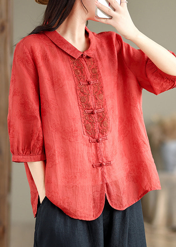 Retro Rot Peter Pan Kragen Besticktes Hemd Armband Ärmel AP021