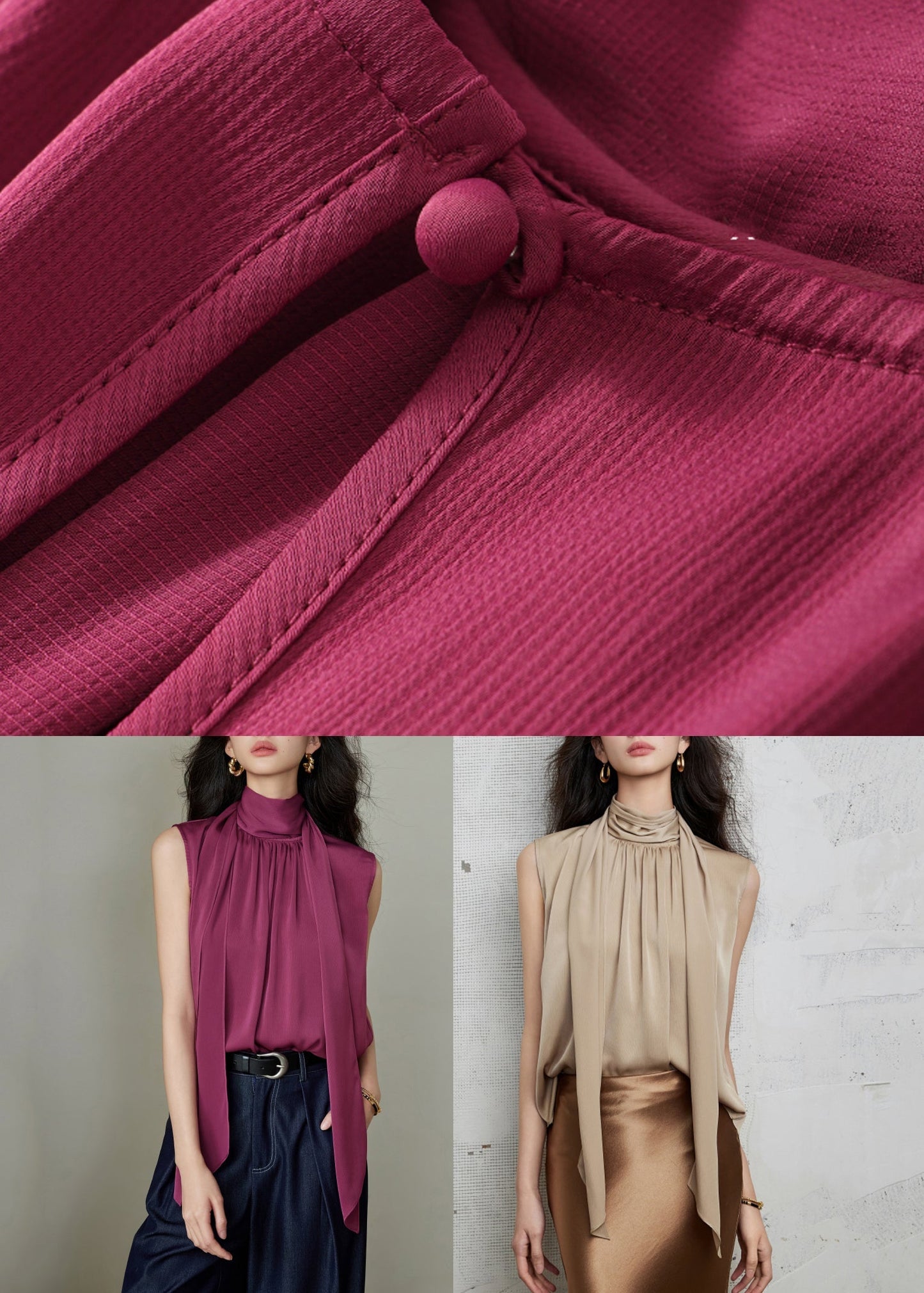 Wrinkled Rose Button Solid Silk Bow Blouses Summer