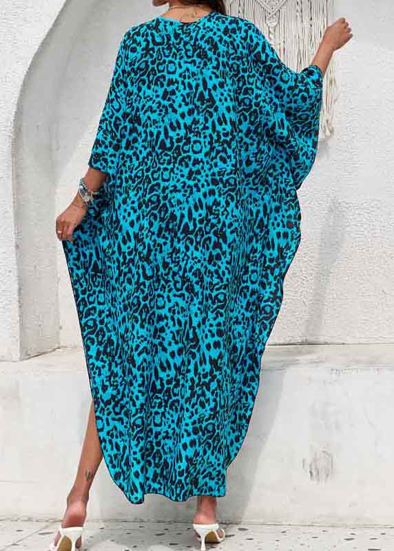 Blue Side Open Chiffon Sea Print Beach Dress V Summer Neck