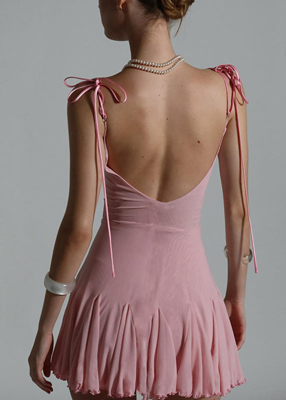 Strap Sexy Sleeveless Dress Spaghetti Tulle Patchwork Mid Pink