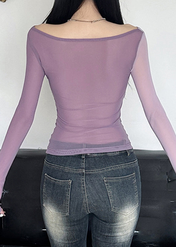 Spring Tulle Sexy Purple Top Neck Wrinkled Slash