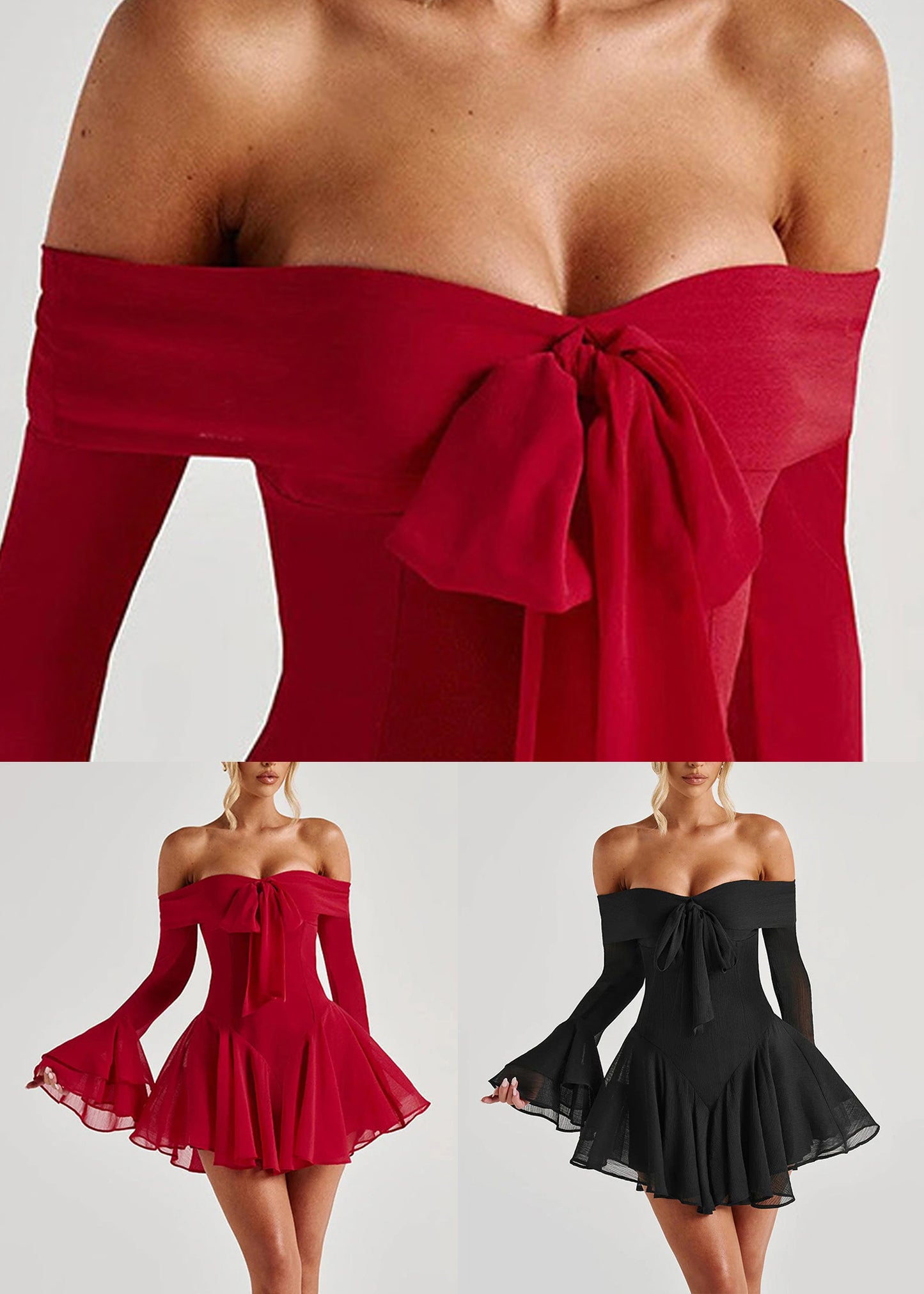 Neck Bow Mid Cotton Sleeve Sexy Slash Red Dress Flare