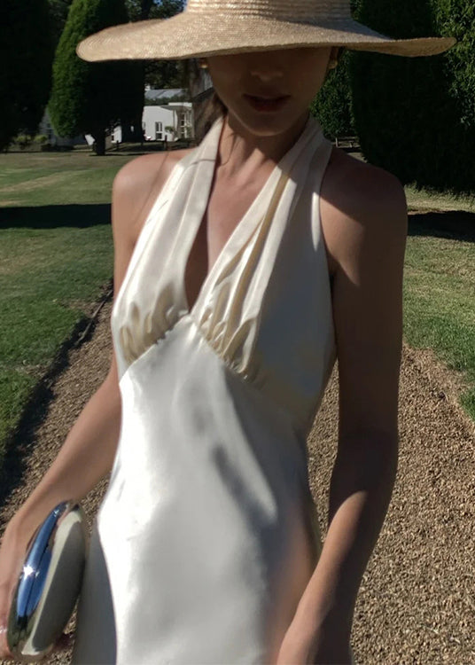 Neck Dresses Long Sexy Backless Sleeveless Silk V Halter