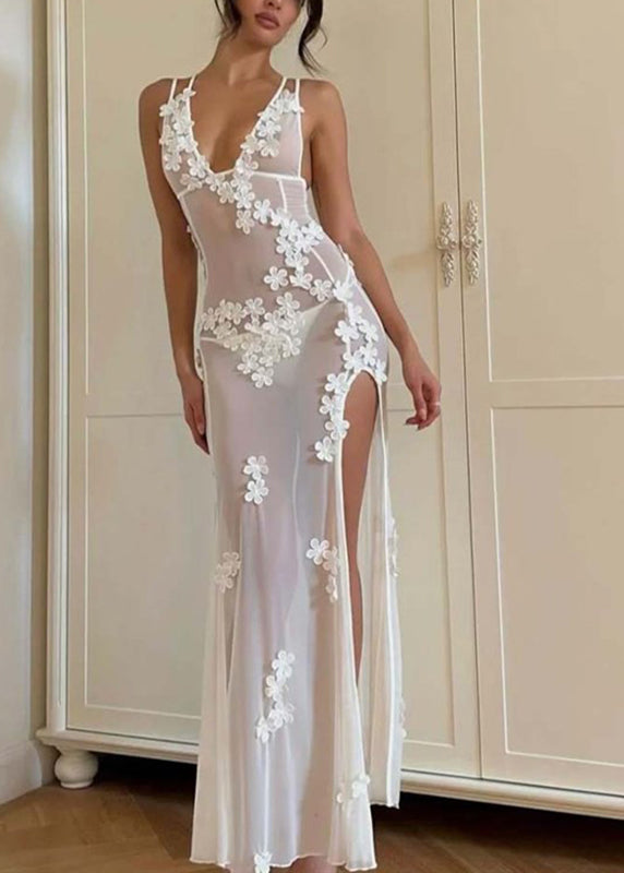 Long White Strapless Open Sexy Swimwear Flower Side Bikini