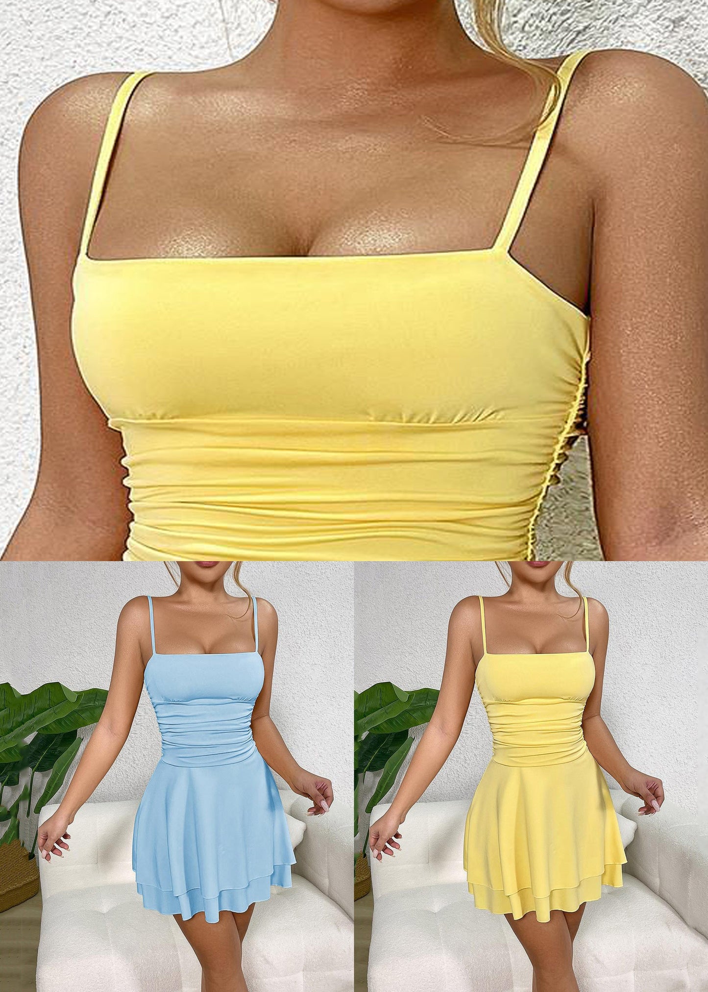 Cold Sexy Shoulder Solid Sleeveless Yellow Dress Strap Spaghetti