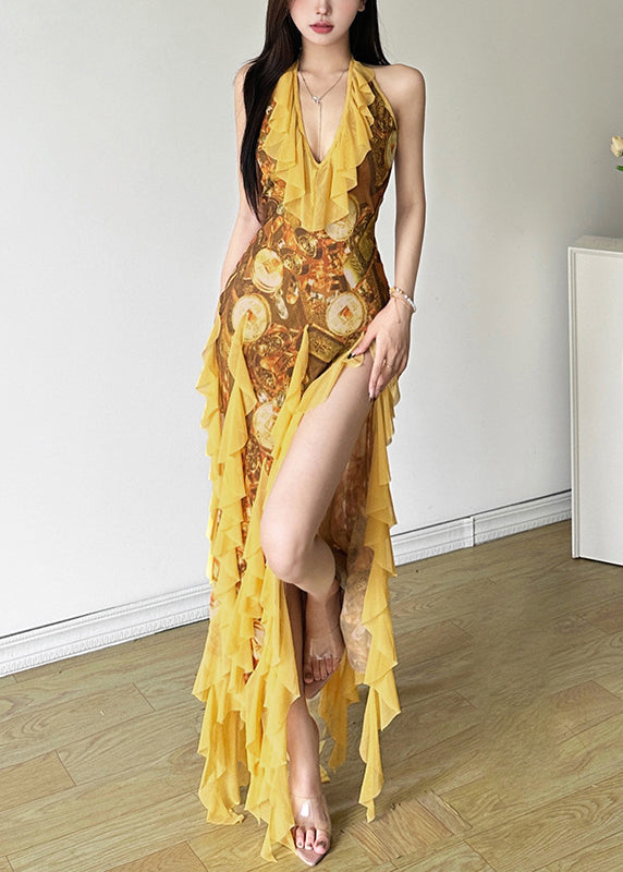 Print Yellow Front Sexy Tulle Open Ruffled Sleeveless Dress