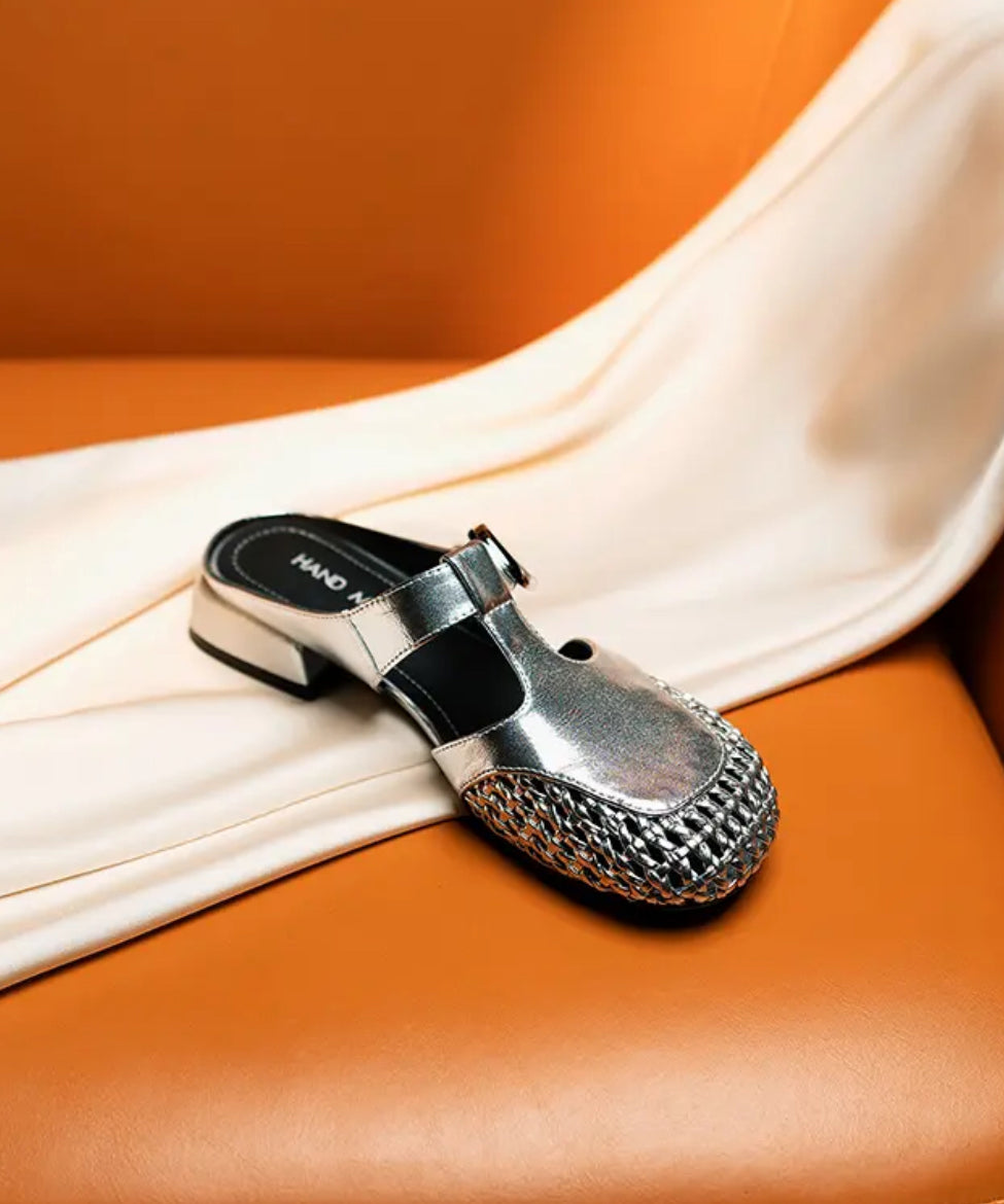 Cowhide Leather Splicing Fashion Slide Sandals Silver Out Hollow