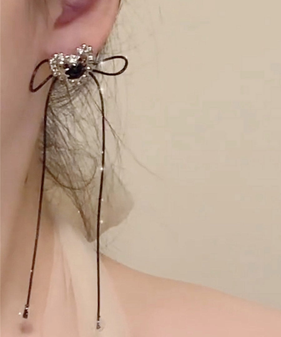 Simple Black Copper Overgild Love Bow Tassel Drop Earrings YA022