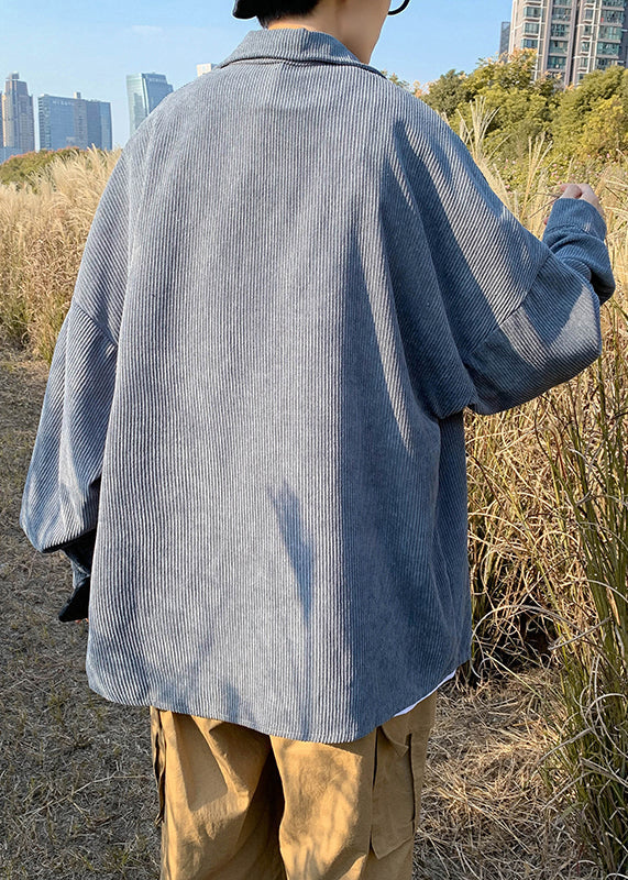 Simple Collar Peter Shirts Corduroy Button Blue Coat Mens Pan