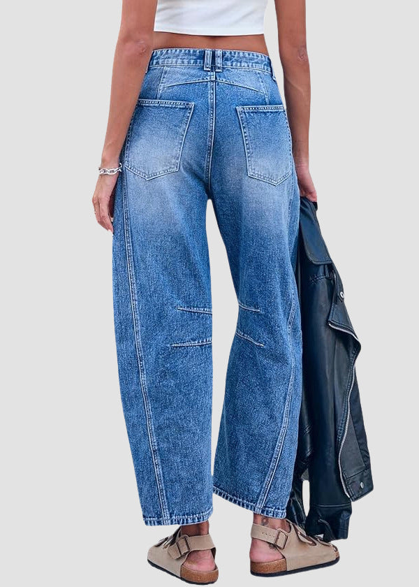 Waist Denim Summer Simple High Pants Blue Crop Pockets