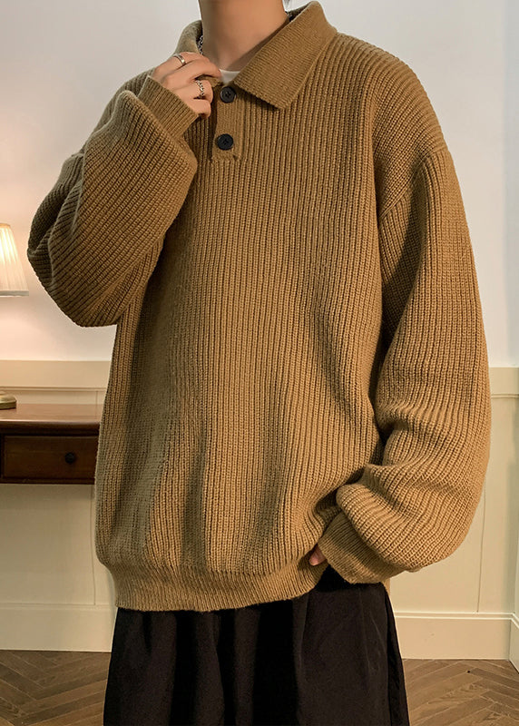 Einfache Kaffee Peter Pan Kragen Taste Solide Strick Männer Pullover Herbst QH039