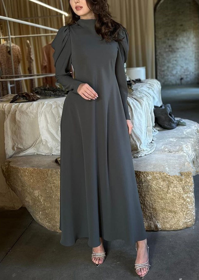 Einfaches, einfarbiges, hohes Baumwoll-Langkleid in Grau für den Herbst QL013