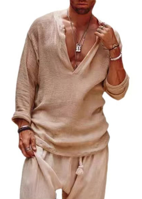 Shirts Simple Loose Khaki V Neck Fall Solid Mens Linen