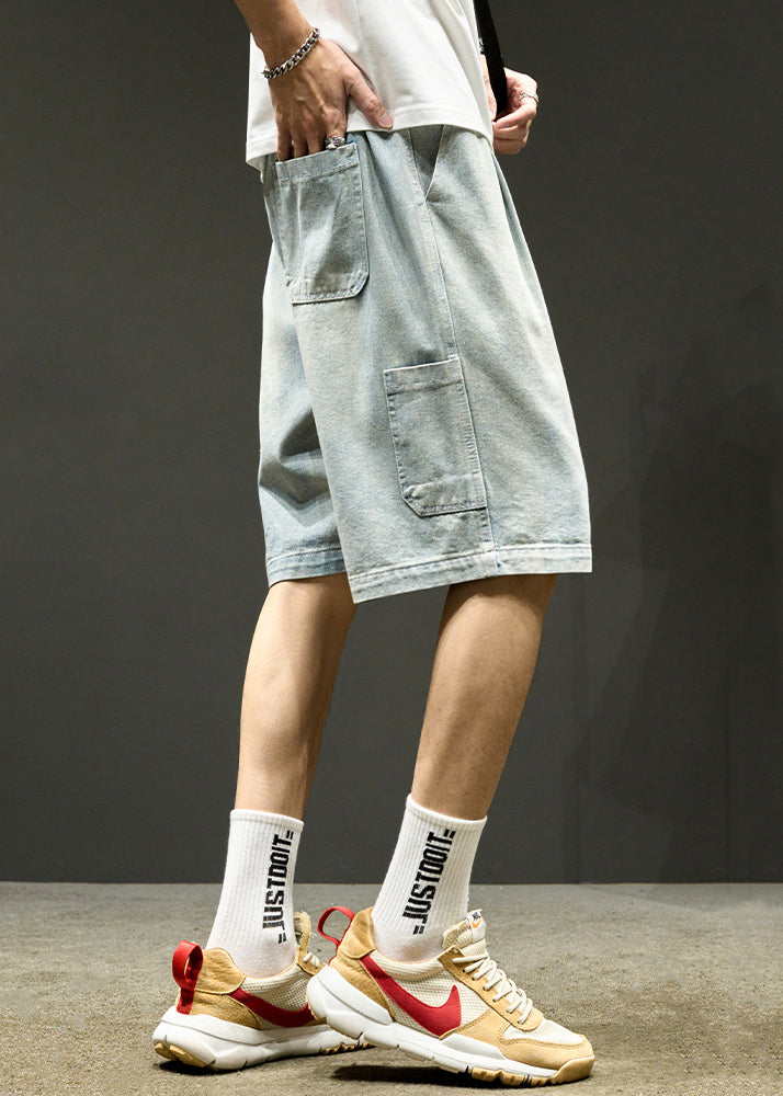 Simple Light Blue Lace Up Elastic Waist Denim Men Shorts Summer YL025