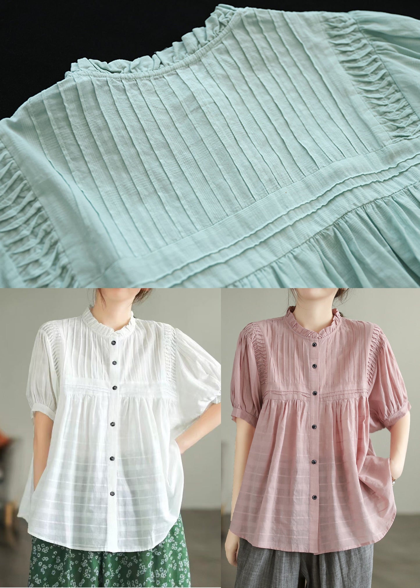 Top Oversized Blouse Simple Pink Summer Wrinkled Cotton