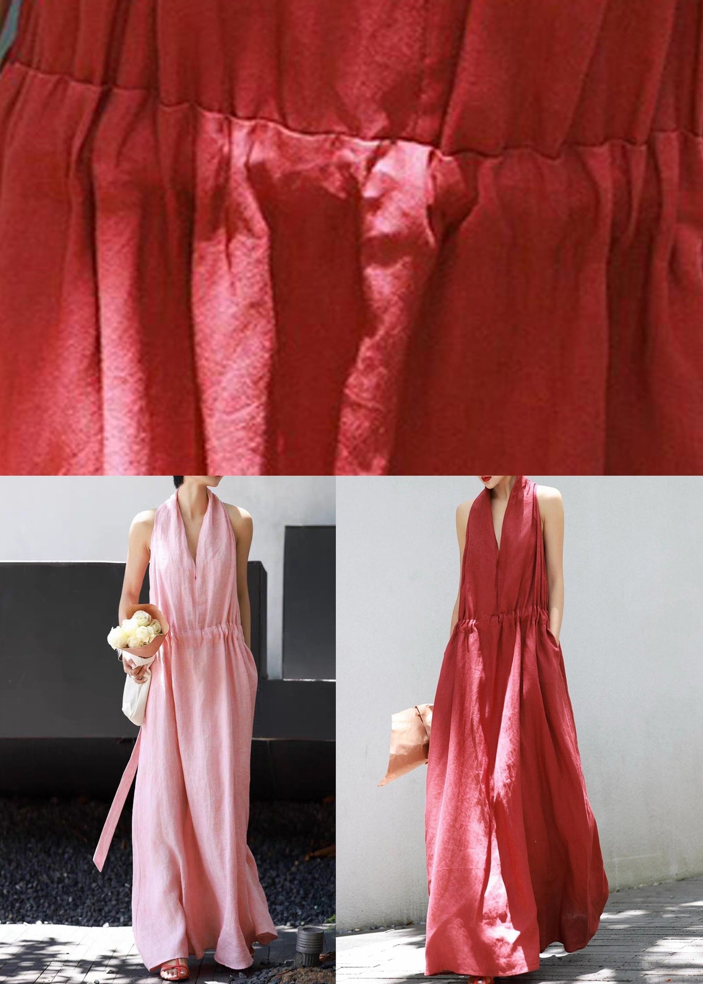 Long Waist Tie Pockets Dresses Simple Linen Pink Sleeveless