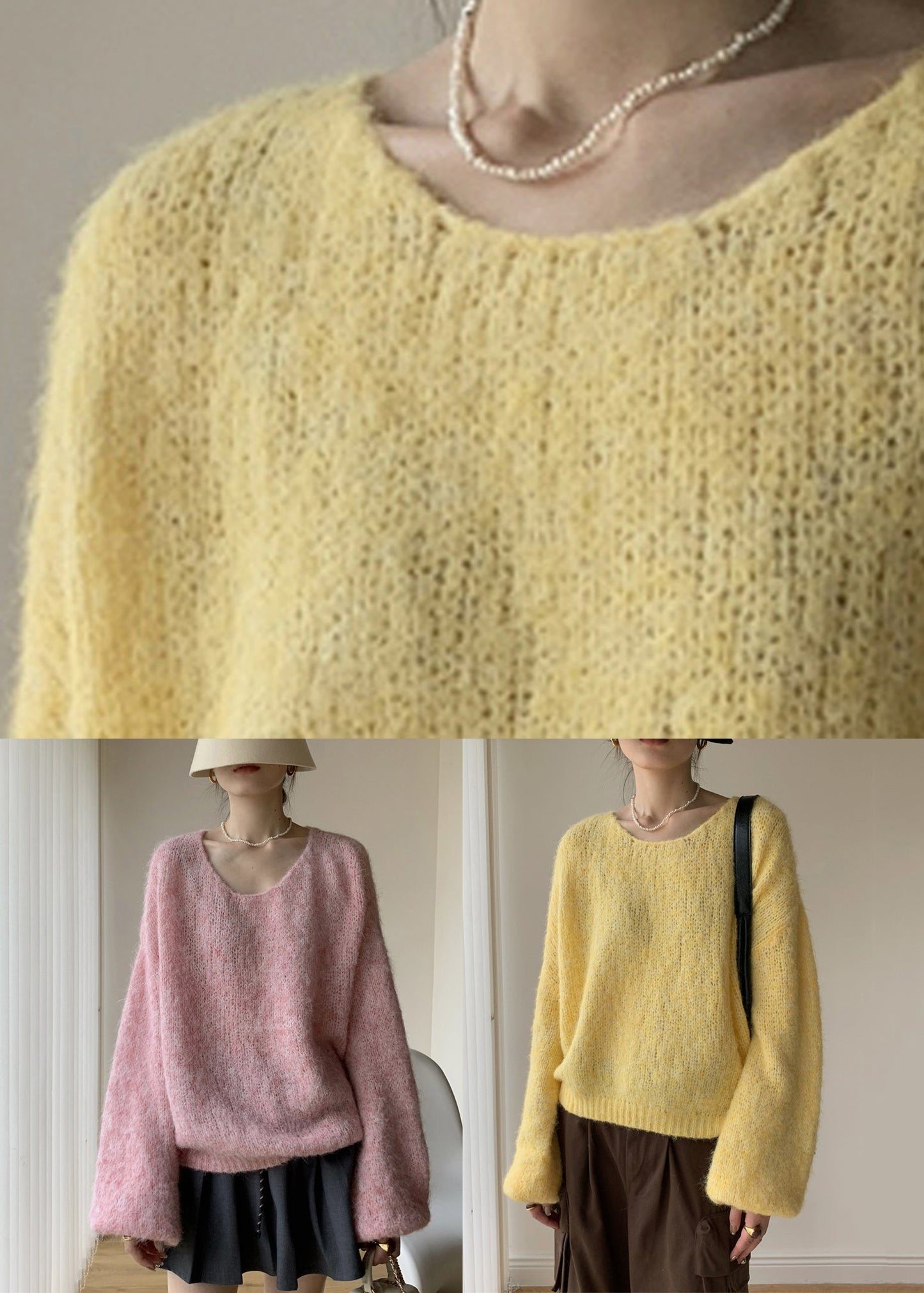 Schlichter, rosa V-Ausschnitt, gemütlicher Baumwoll-Strickpullover für den Winter WY021