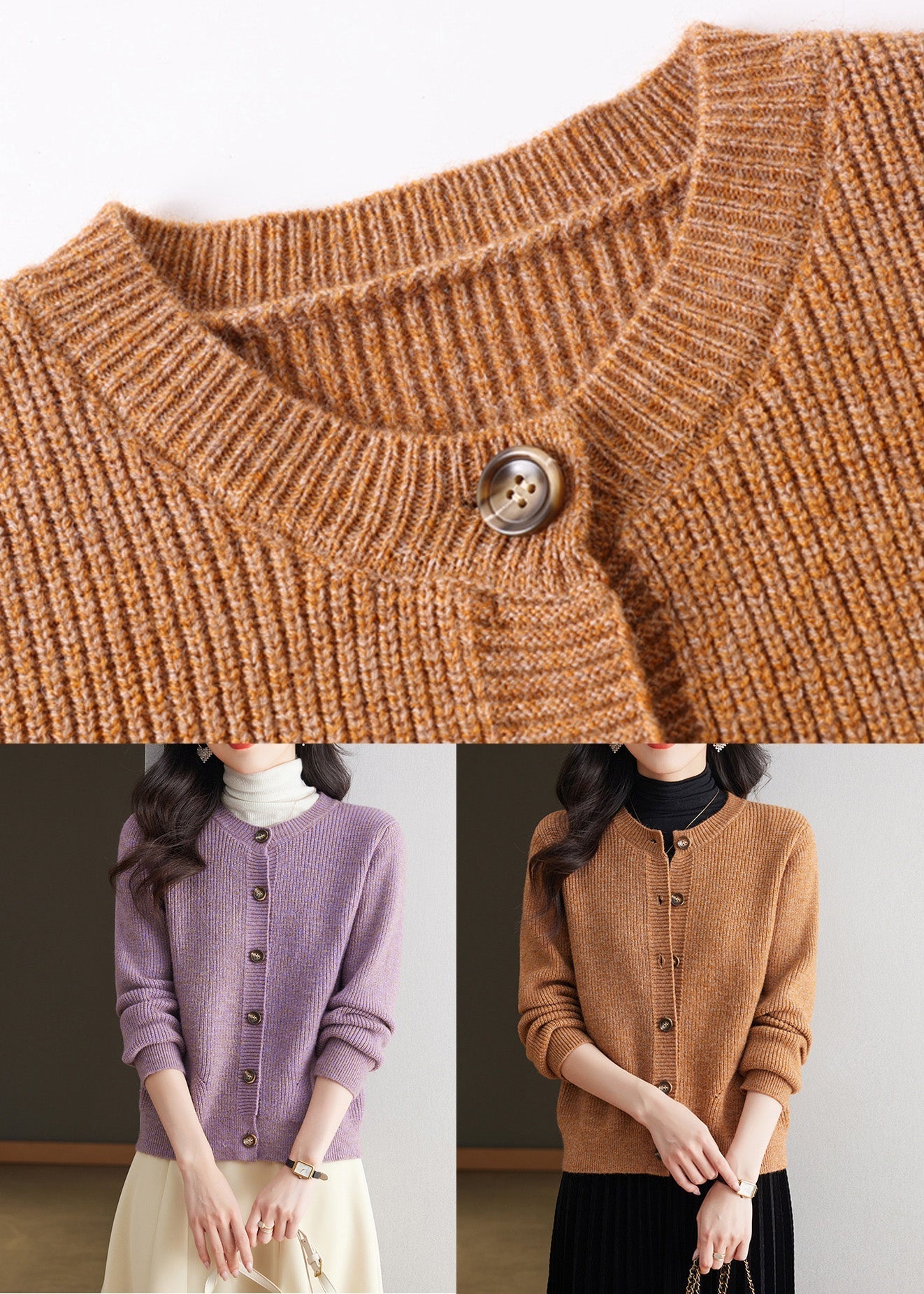 Einfache lila O-Ausschnitt Knopf Strickjacke Herbst QS001