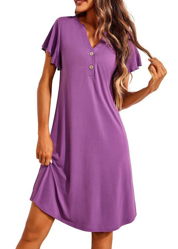 Cotton Purple Button V Summer Dress Pajamas Simple Neck