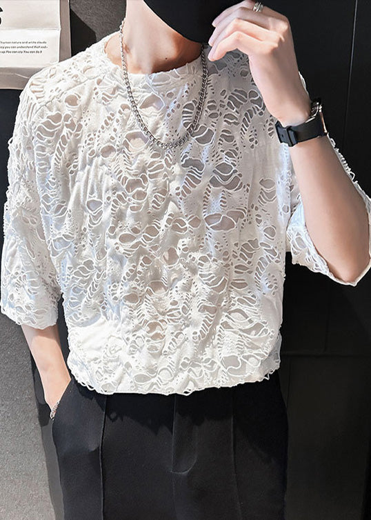 T Cotton Shirt Ripped Men Simple Summer Oversized White