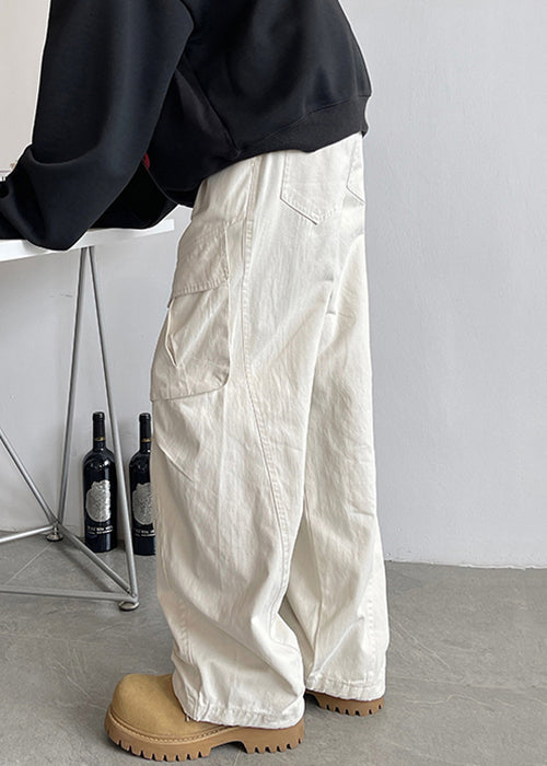 Waist Pants Men Elastic White Lace Pockets Up Cotton Simple