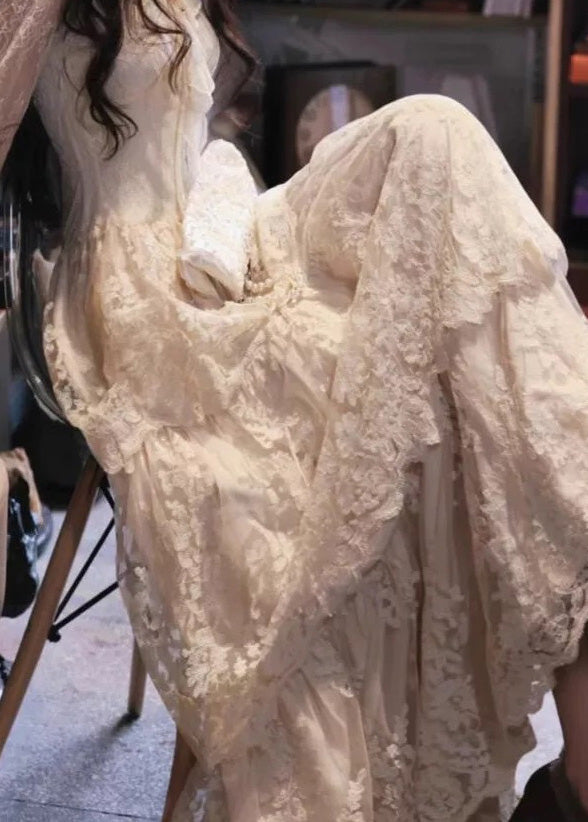 Dress Patchwork Fit Slim Ruffled Beige V Neck Maxi Flare Lace