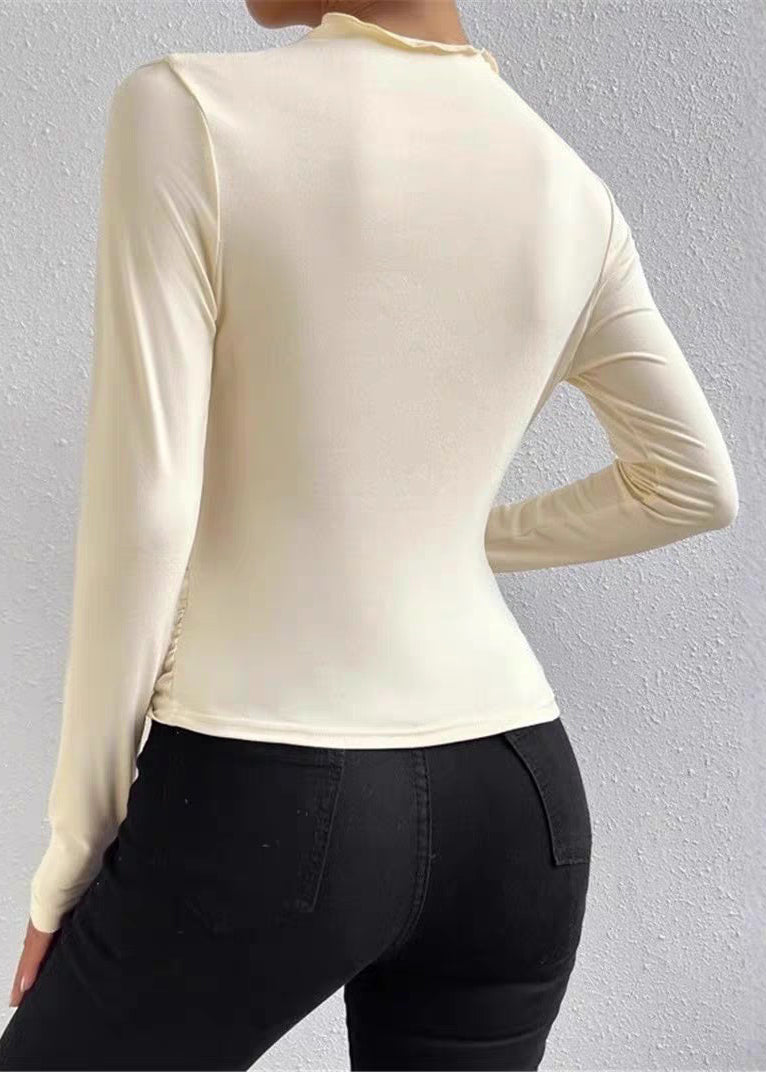 Slim Fit Beige Wrinkled Solid Cotton T Shirts Spring YZ057