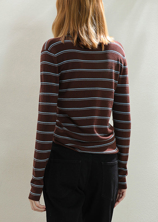 Slim Fit Coffee Striped Patchwork Cozy Knit Tops Fall TU059