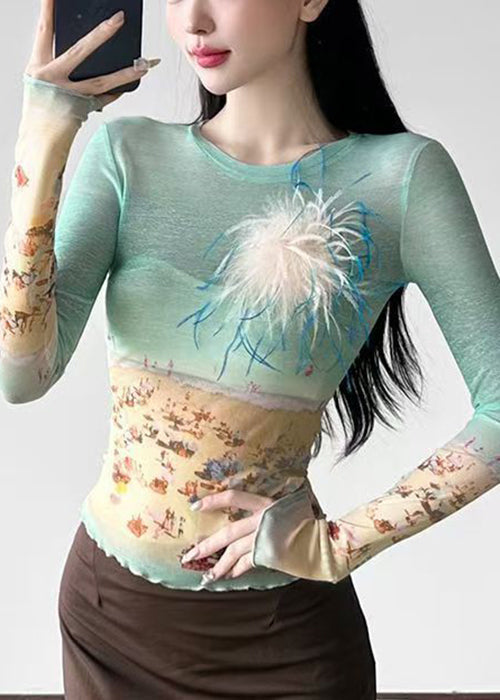 Fit O-Neck Summer Shirts Tulle T Colorblock Print Slim