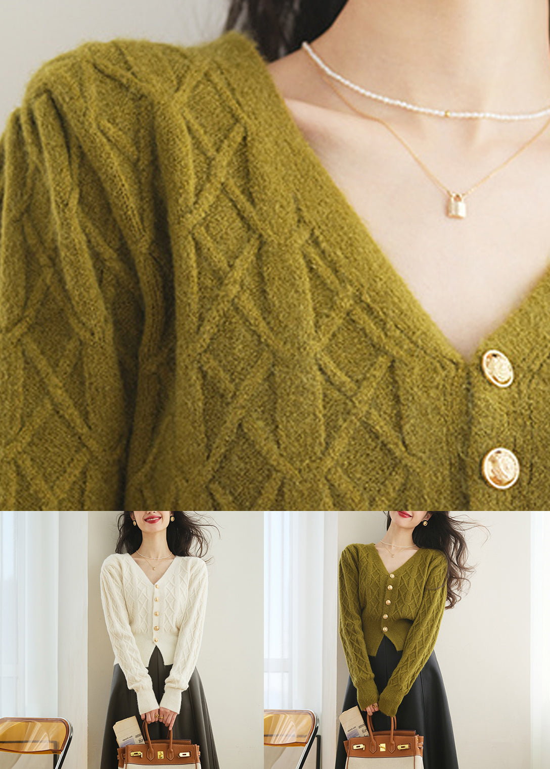 Slim Fit Green V Neck Button Knit Sweater Spring TF009