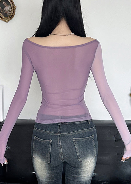 Asymmetrical Shirts Tulle T Patchwork Fit Slim Purple Spring