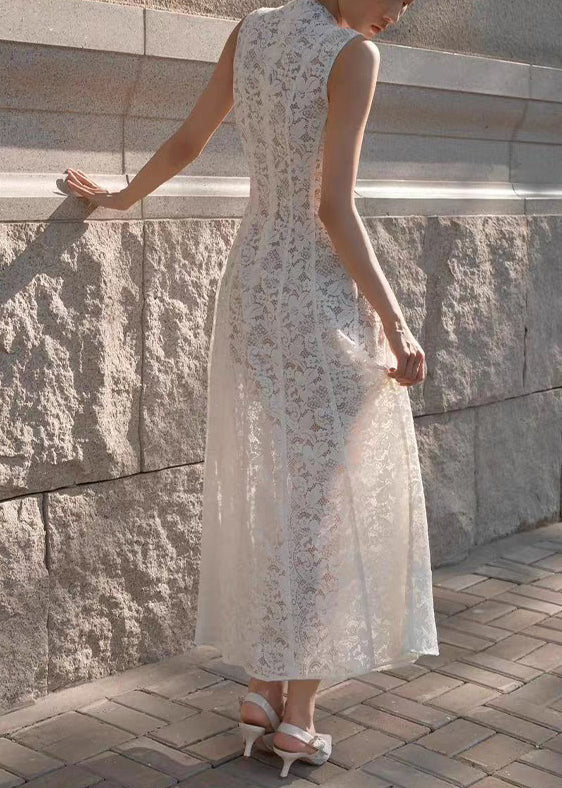 Dress High Lace Waist Fit Long White Sleeveless Slim Solid