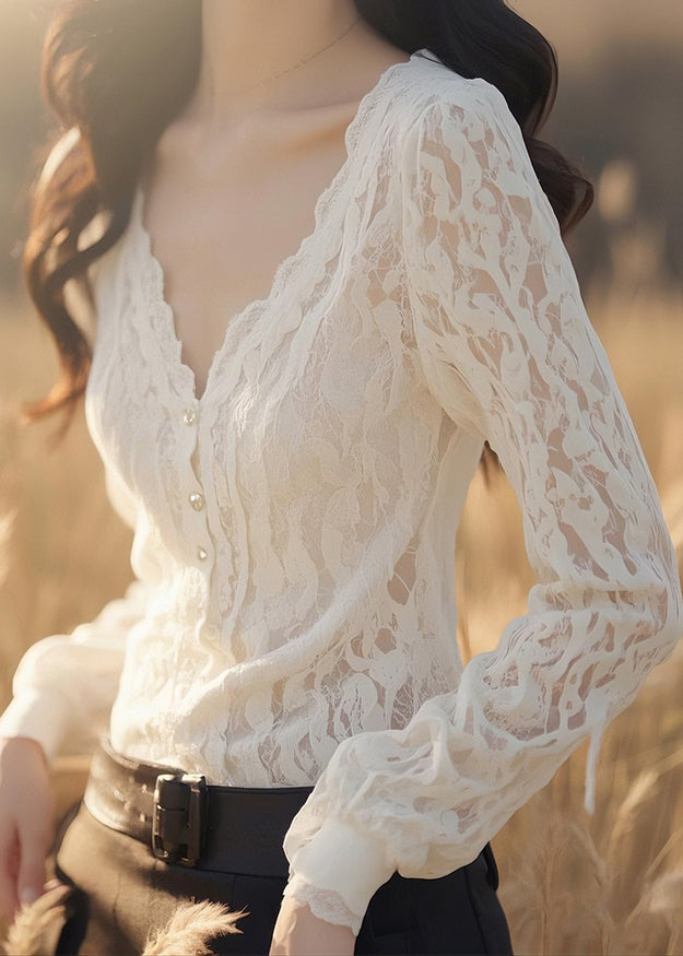 Neck Button White Blouses Fit Slim V Lace Fall Solid