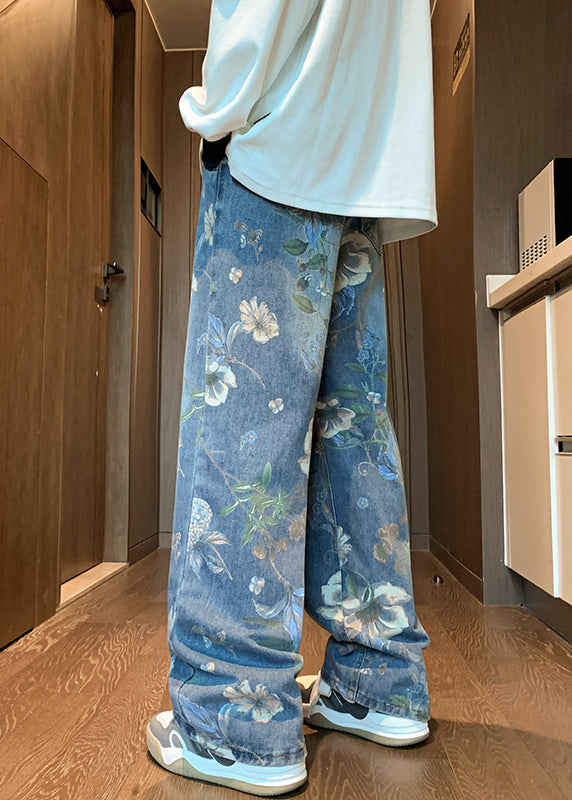 Style Bleu Poches Imprimé Hommes Jeans Été GEM566