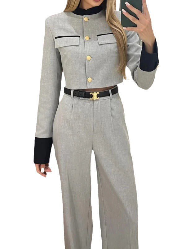 Stil Elegante Grau Tops Und Hosen Baumwolle Zwei Stücke Set Herbst QY034