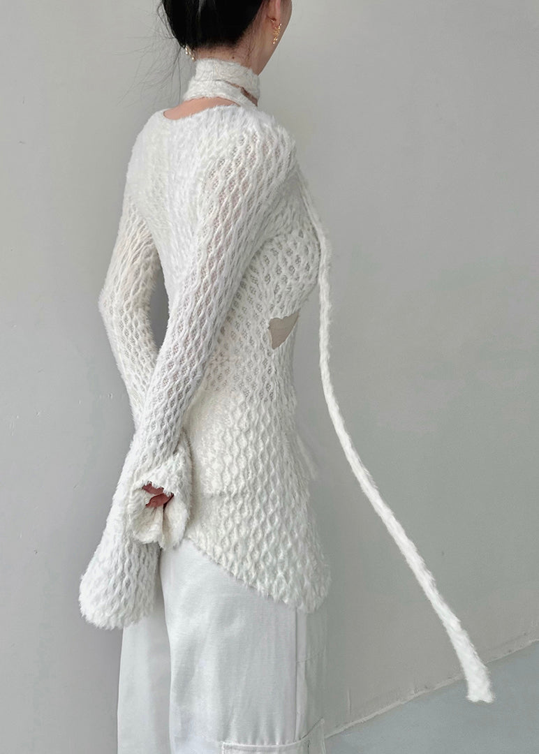 Style White Asymmetrical Hollow Out Knit Shirt Top Fall AL1060