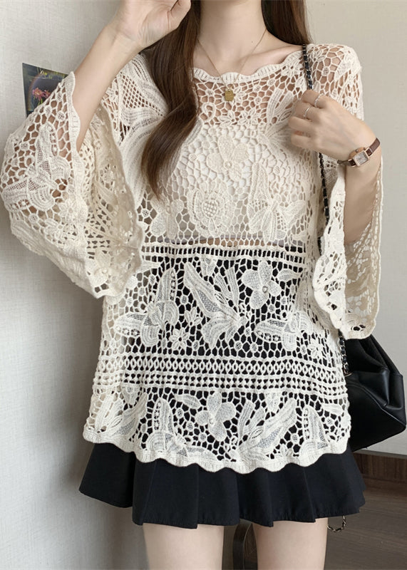 Tops Summer Out Lace Stylish Knit Beige Hollow