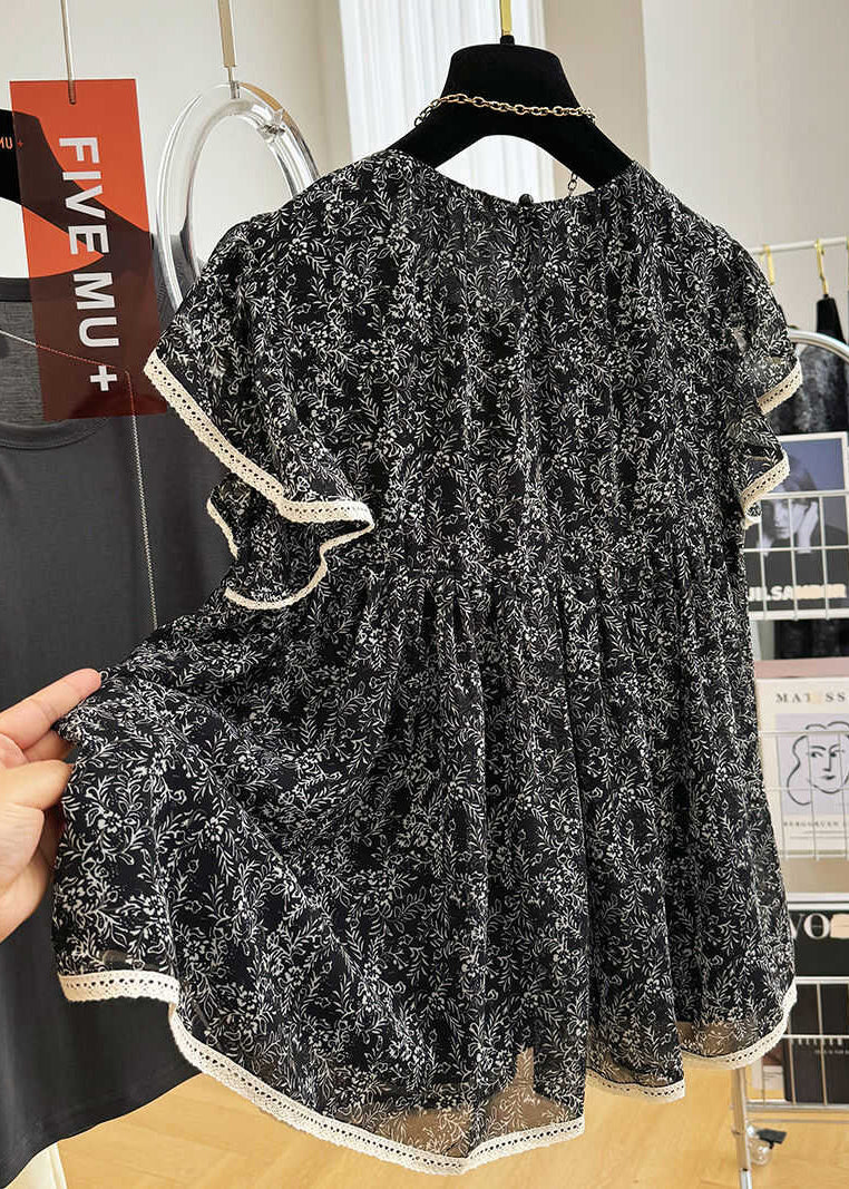 Tanks Chiffon Print Black Butterfly Stylish Sleeve