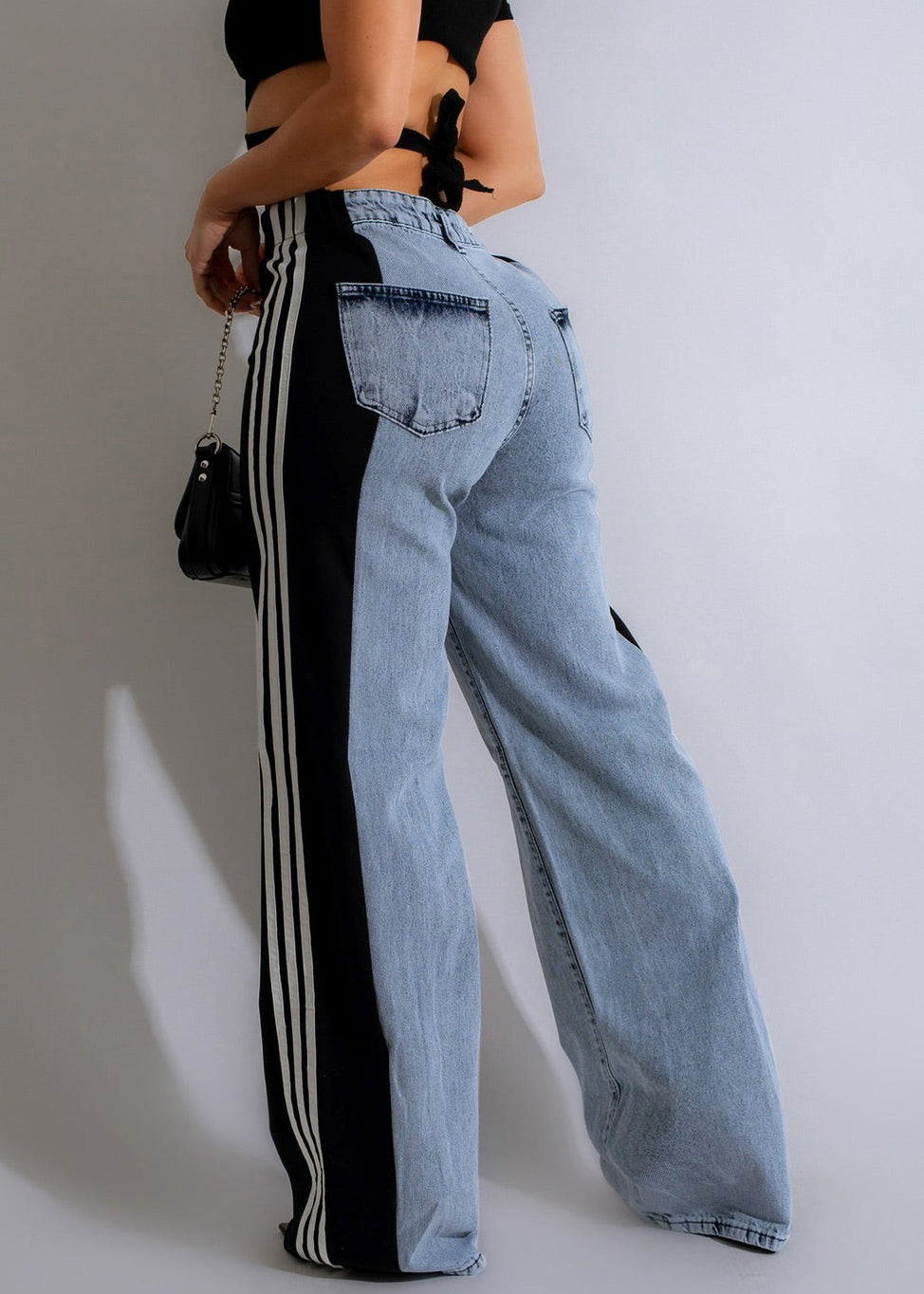 Striped Pants Black Stylish Denim Spring Patchwork