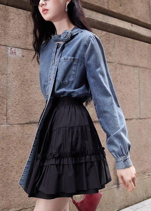 Button Spring Shirt Denim Blue Bow Stylish Pockets