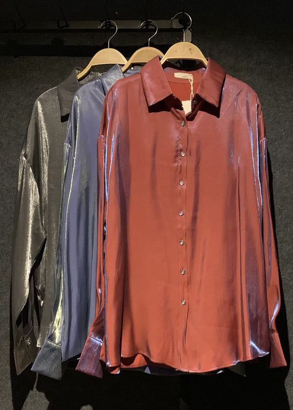 Red Button Collar Fall Pan Stylish Silk Peter Shirts Brick