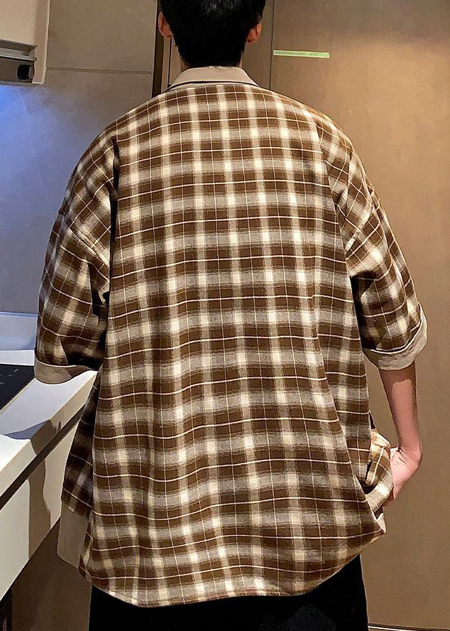 Button Stylish Men Plaid Coffee Summer Cotton Shirts