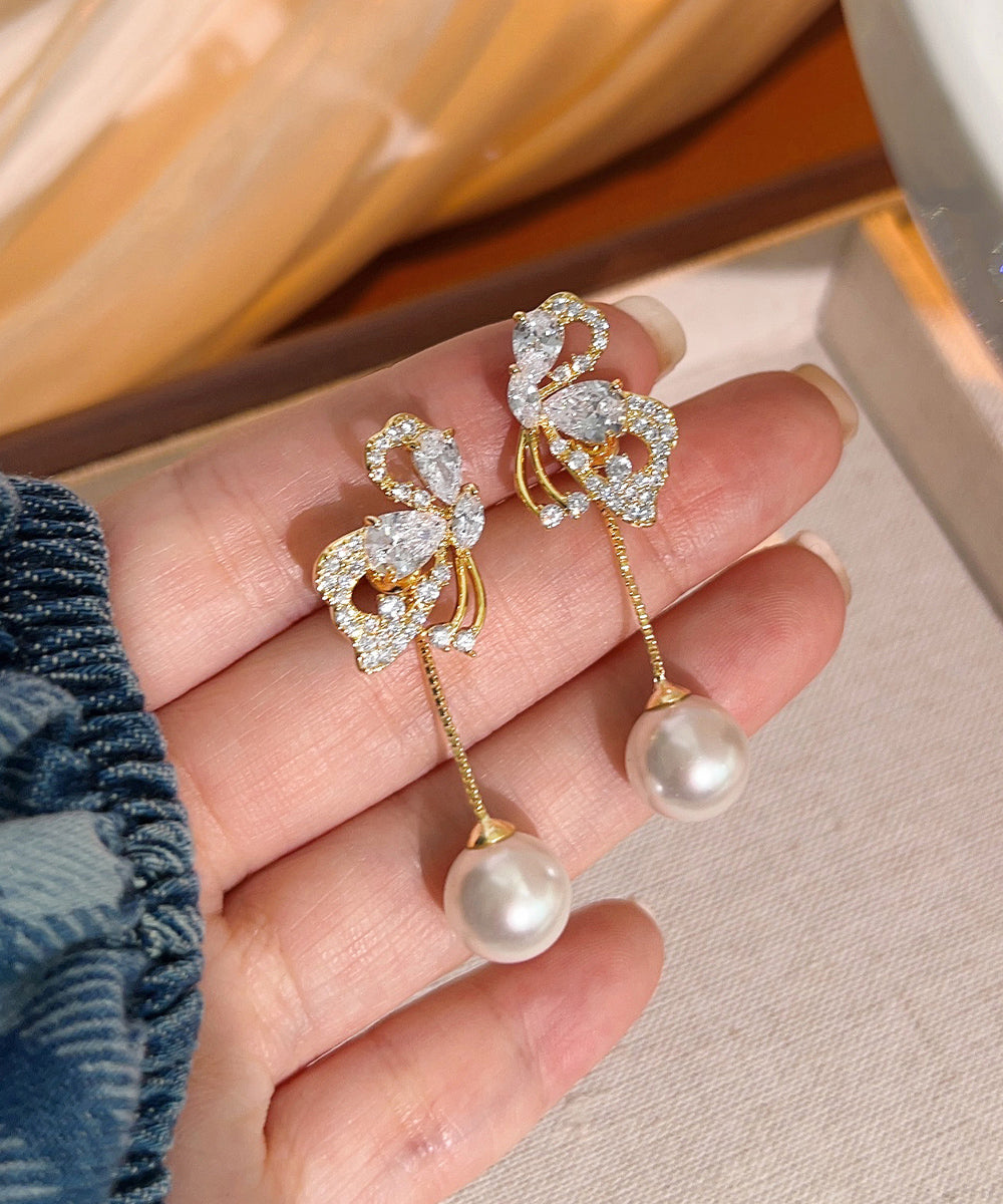 Stylish Gold Sterling Silver Overgild Zircon Butterfly Pearl Drop Earrings YX019