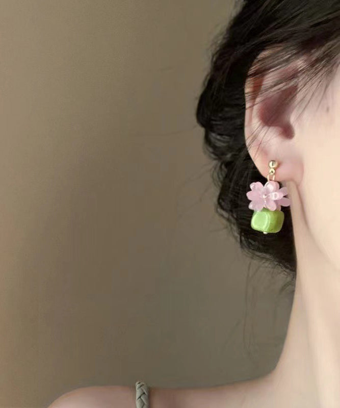 Stylish Green Alloy Resin Floral Block Drop Earrings YX015