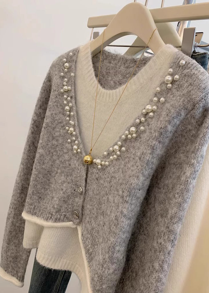 Stilvolle Grau Perle Falsche Zwei Stücke Stricken Pullover Winter WK026