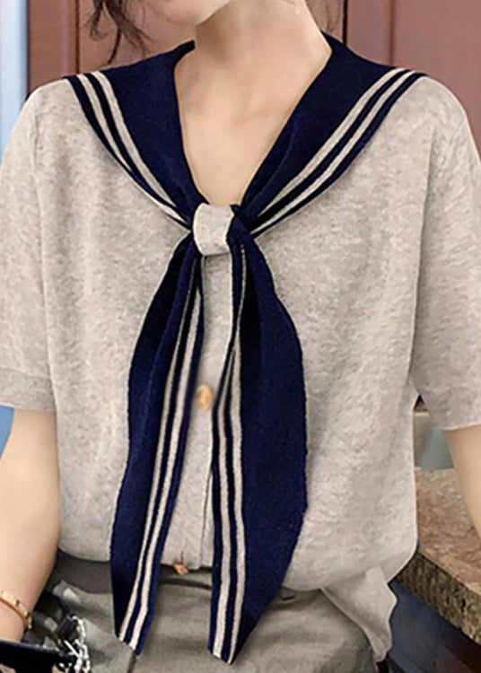 Summer T Stylish Collar Sailor Shirt Patchwork Grey Cotton