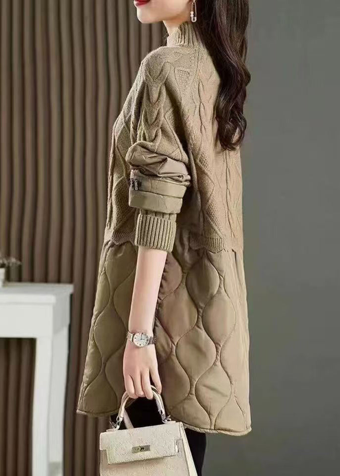 Stilvolle Khaki High Neck Dicke Patchwork Strick Pullover Herbst QL045