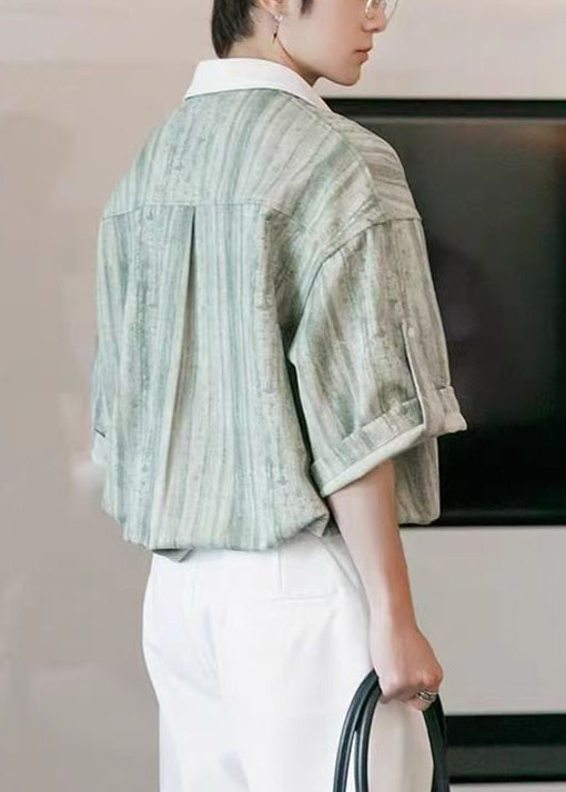 Men Button Striped Stylish Cotton Patchwork Green Shirts Light