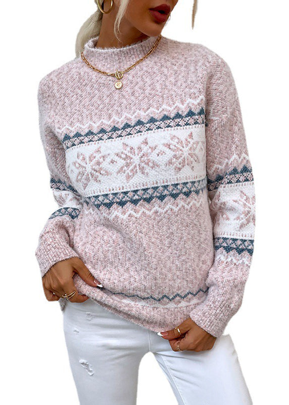 Stilvolle rosa Halb Hign Neck Jacquard dicken Strick Pullover Herbst QY014